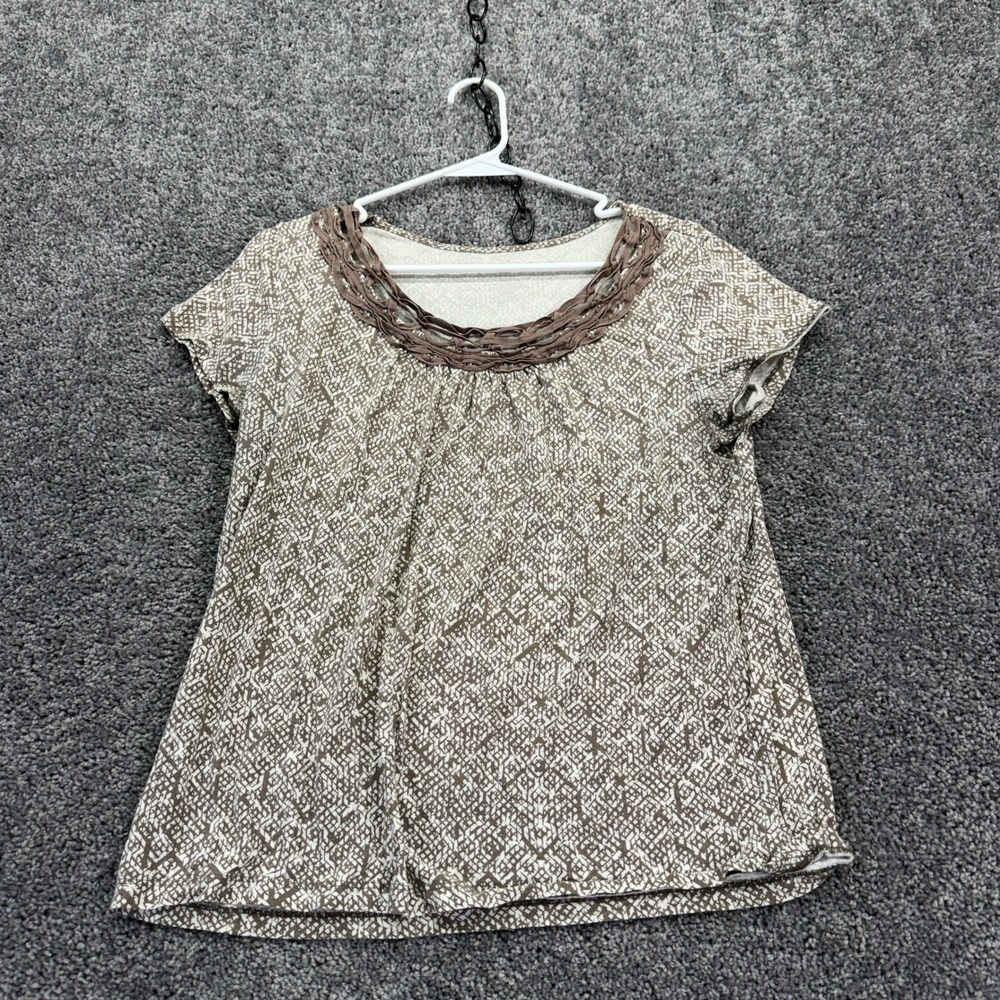 St Johns Bay Top Womens Large Brown Geometric Braided Neck Short Sleeve Cotton L